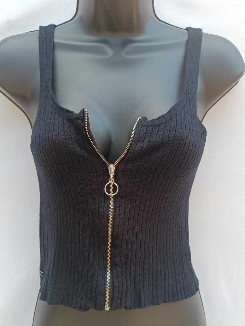 Black Ribbed Zip-Front Women's Cropped Top W Silver Tree Graphic On Back